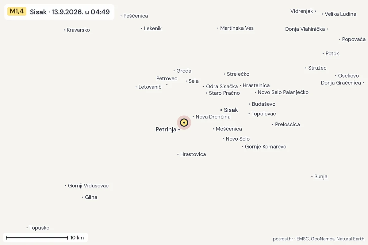 Karta: okolica epicentra, 60 km, potres M1,4, Sisak, 13.9.2026.