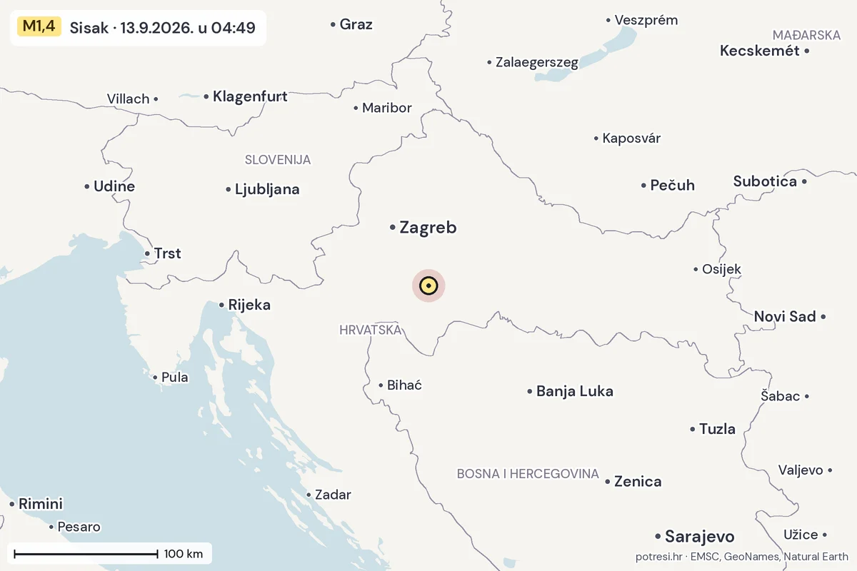 Karta: šire područje, 600 km, potres M1,4, Sisak, 13.9.2026.