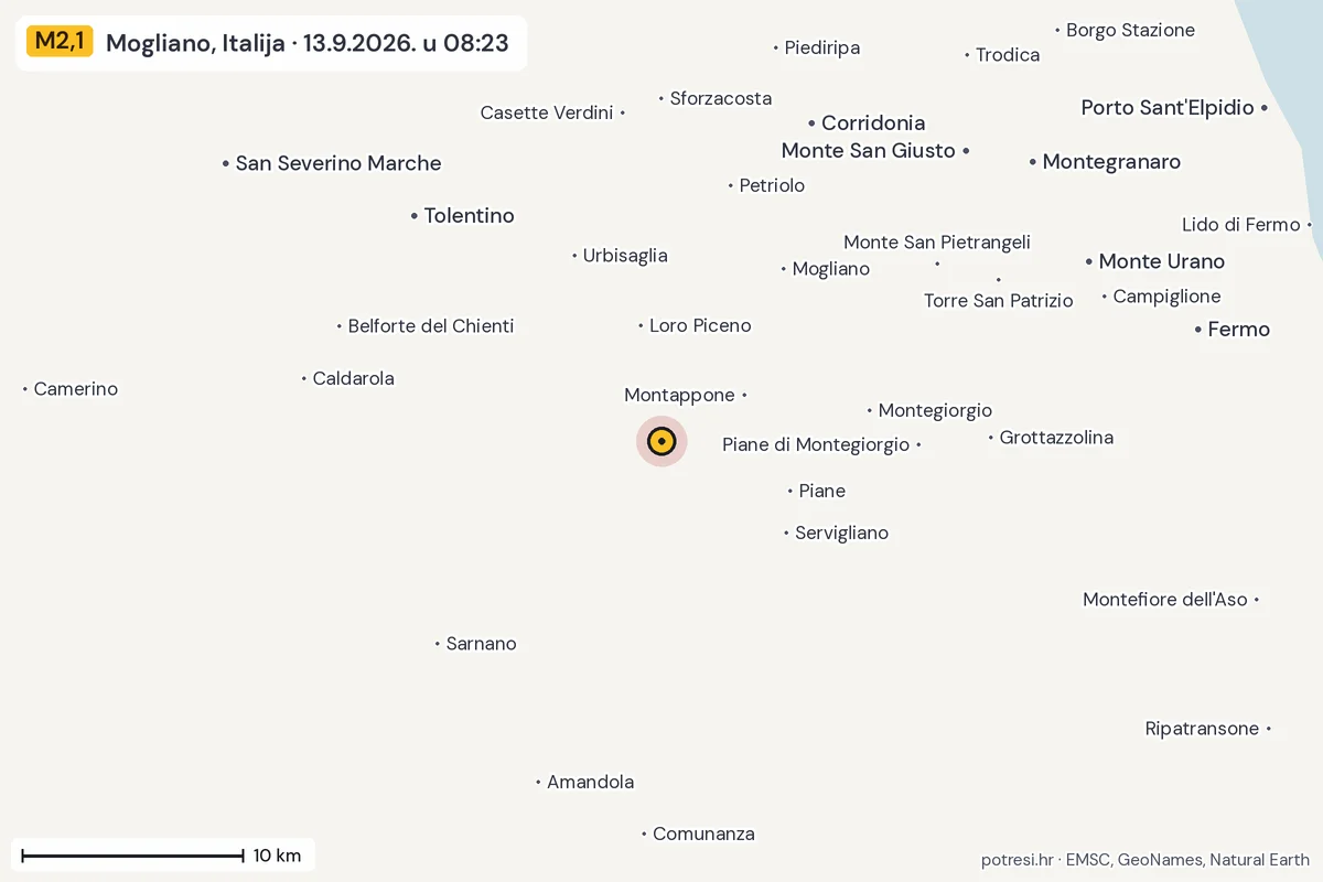 Karta: okolica epicentra, 60 km, potres M2,1, Mogliano, Italija, 13.9.2026.