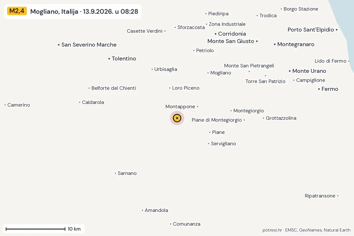 Karta: okolica epicentra, 60 km, potres M2,4, Mogliano, Italija, 13.9.2026.