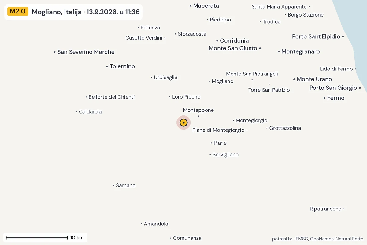 Karta: okolica epicentra, 60 km, potres M2,0, Mogliano, Italija, 13.9.2026.