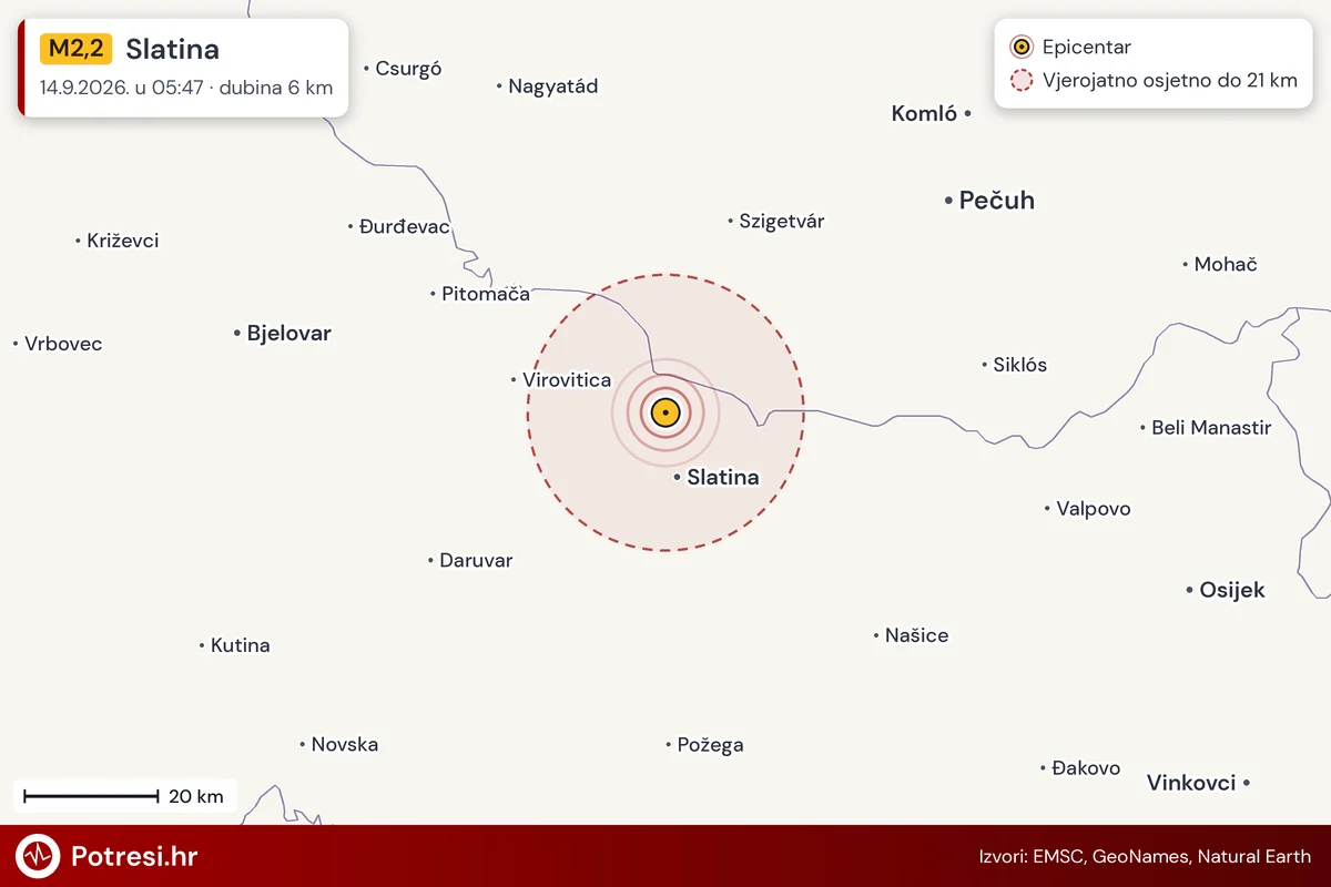 Karta: šire područje i vjerojatni doseg osjeta, potres M2,2, Slatina, 14.9.2026.