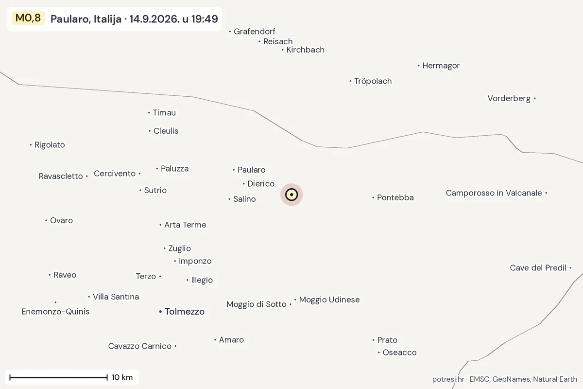 Karta: okolica epicentra, 60 km, potres M0,8, Paularo, Italija, 14.9.2026.