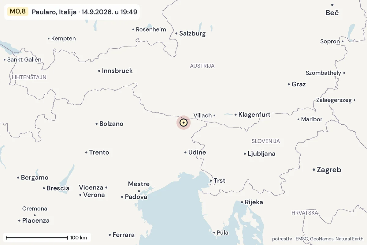 Karta: šire područje, 600 km, potres M0,8, Paularo, Italija, 14.9.2026.