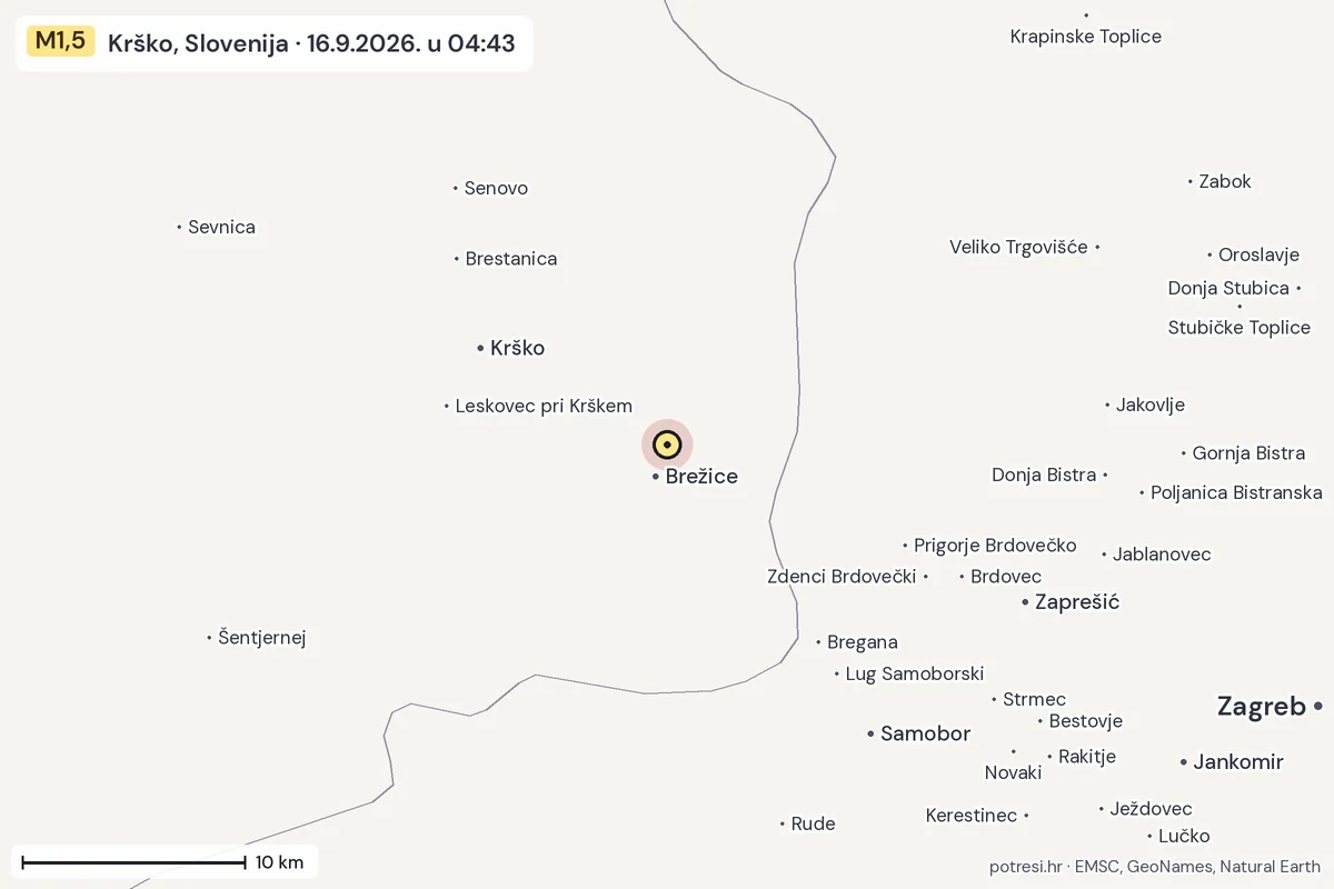 Karta: okolica epicentra, 60 km, potres M1,5, Krško, Slovenija, 16.9.2026.