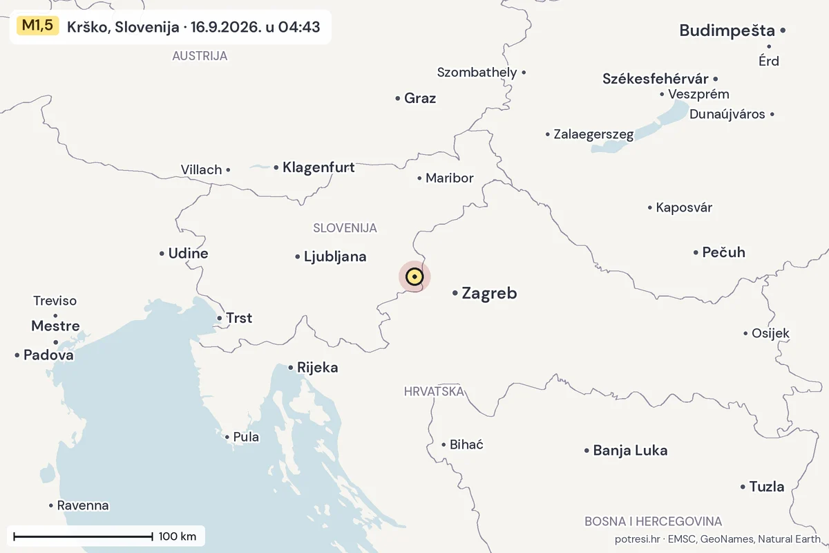 Karta: šire područje, 600 km, potres M1,5, Krško, Slovenija, 16.9.2026.