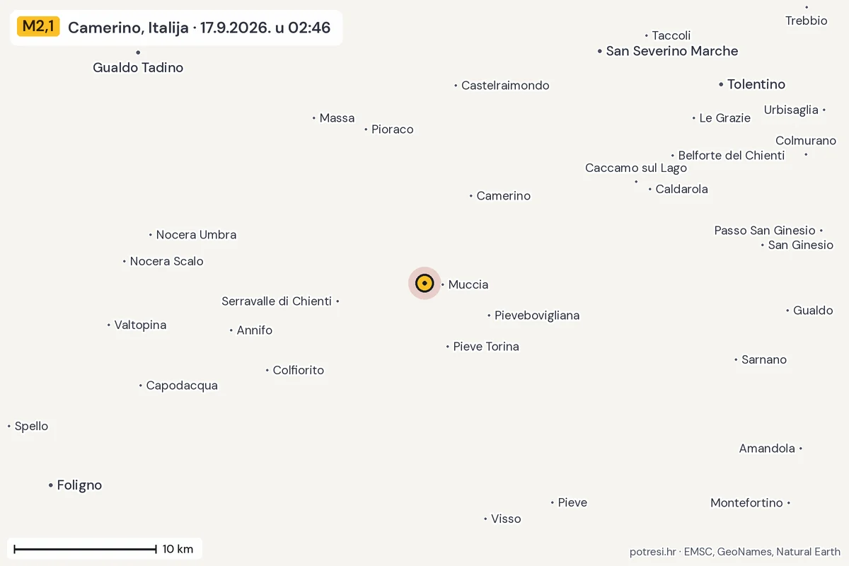 Karta: okolica epicentra, 60 km, potres M2,1, Camerino, Italija, 17.9.2026.