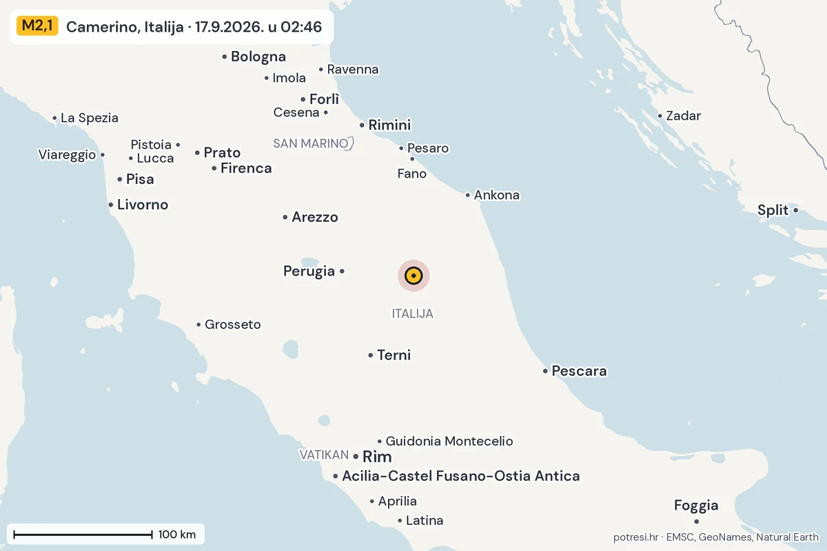 Karta: šire područje, 600 km, potres M2,1, Camerino, Italija, 17.9.2026.