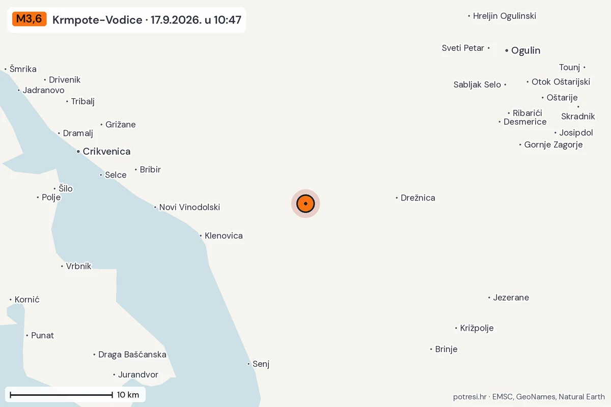 Karta: okolica epicentra, 60 km, potres M3,6, Krmpote-Vodice, 17.9.2026.