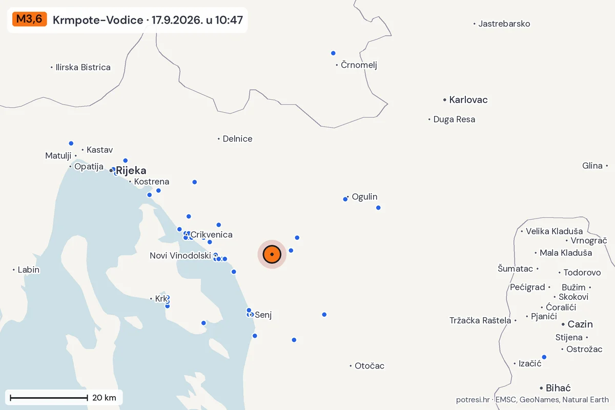 Karta: izvješća građana, potres M3,6, Krmpote-Vodice, 17.9.2026.