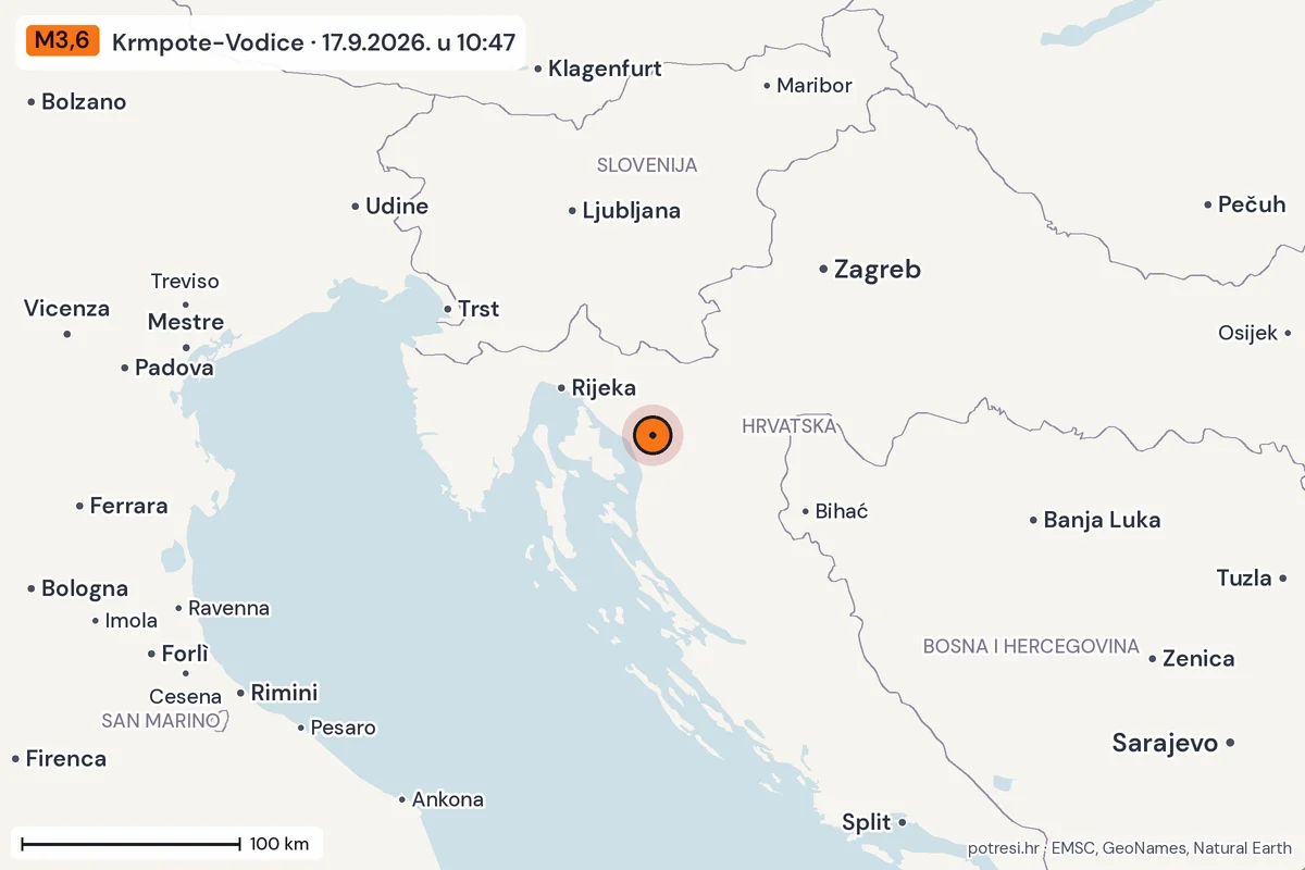Karta: šire područje, 600 km, potres M3,6, Krmpote-Vodice, 17.9.2026.