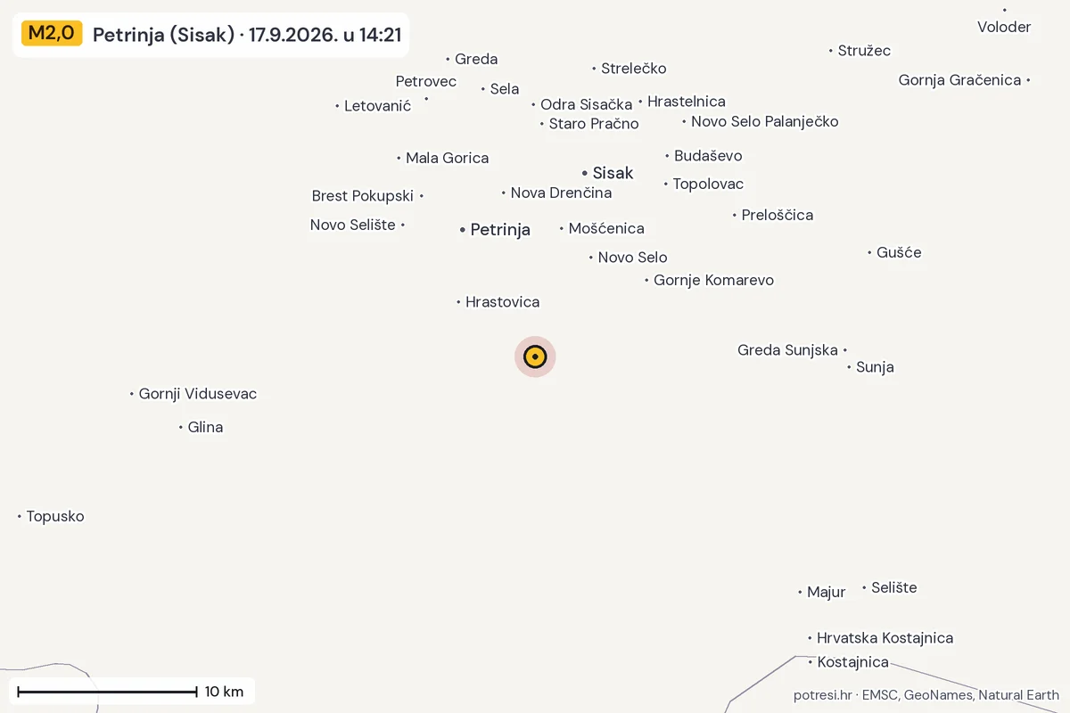 Karta: okolica epicentra, 60 km, potres M2,0, Petrinja (Sisak), 17.9.2026.