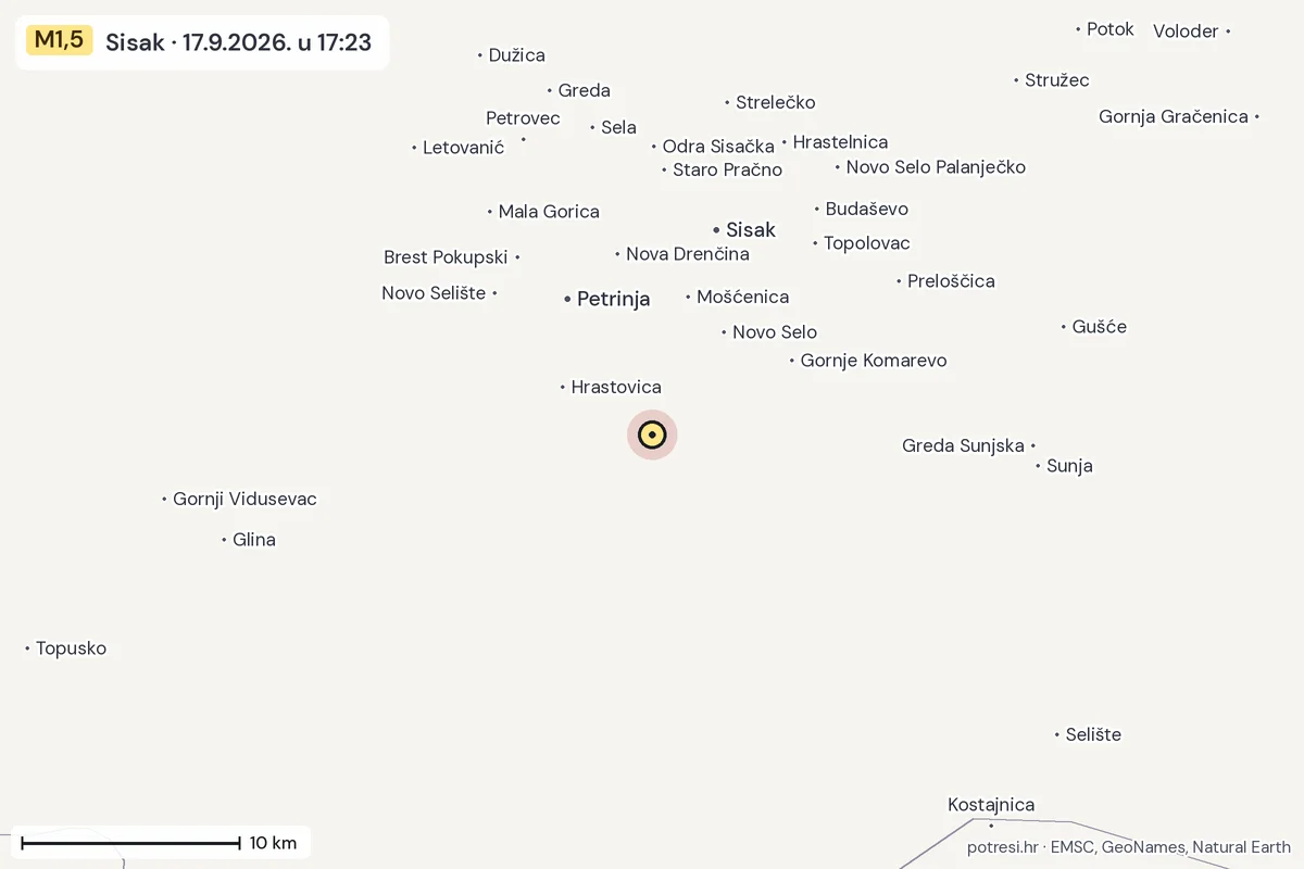 Karta: okolica epicentra, 60 km, potres M1,5, Sisak, 17.9.2026.