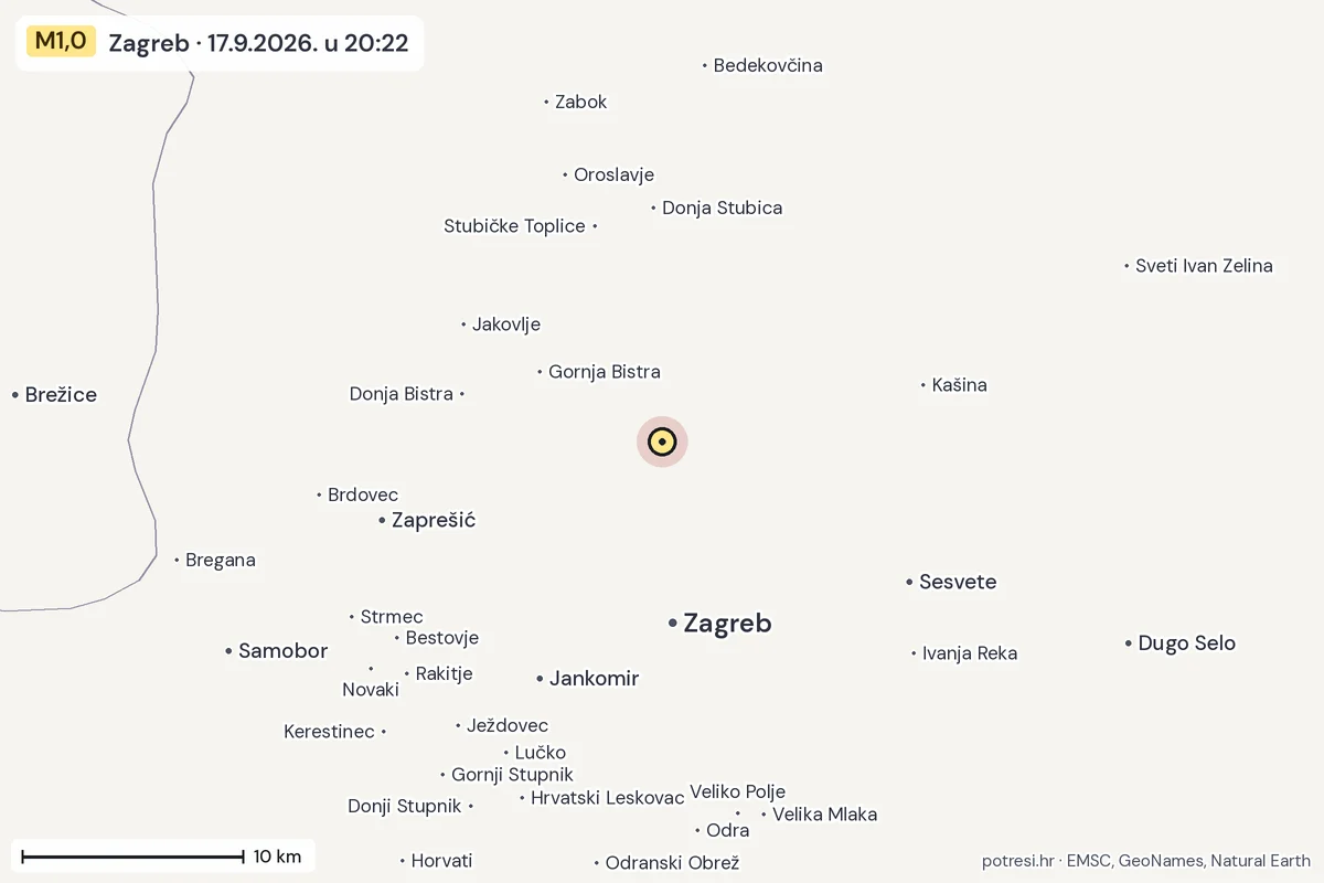 Karta: okolica epicentra, 60 km, potres M1,0, Zagreb, 17.9.2026.