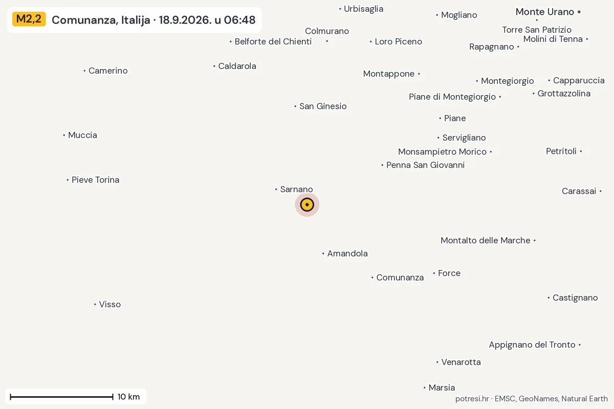 Karta: okolica epicentra, 60 km, potres M2,2, Comunanza, Italija, 18.9.2026.