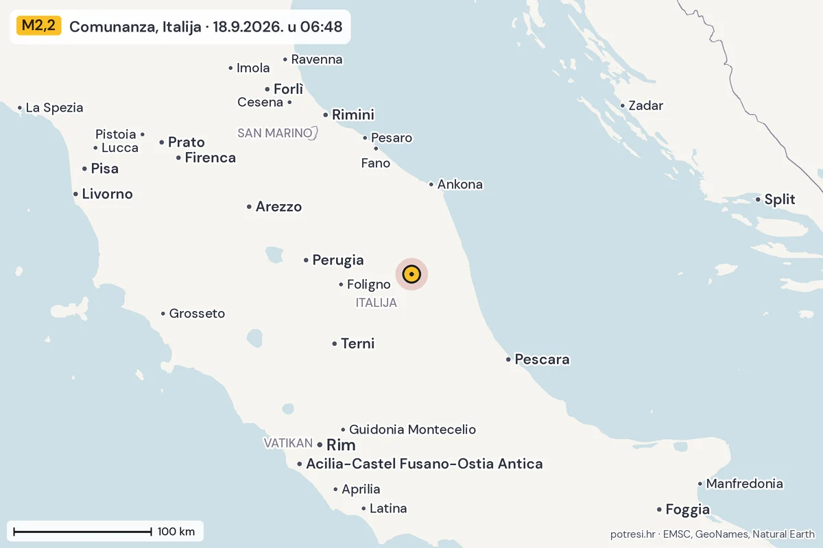Karta: šire područje, 600 km, potres M2,2, Comunanza, Italija, 18.9.2026.