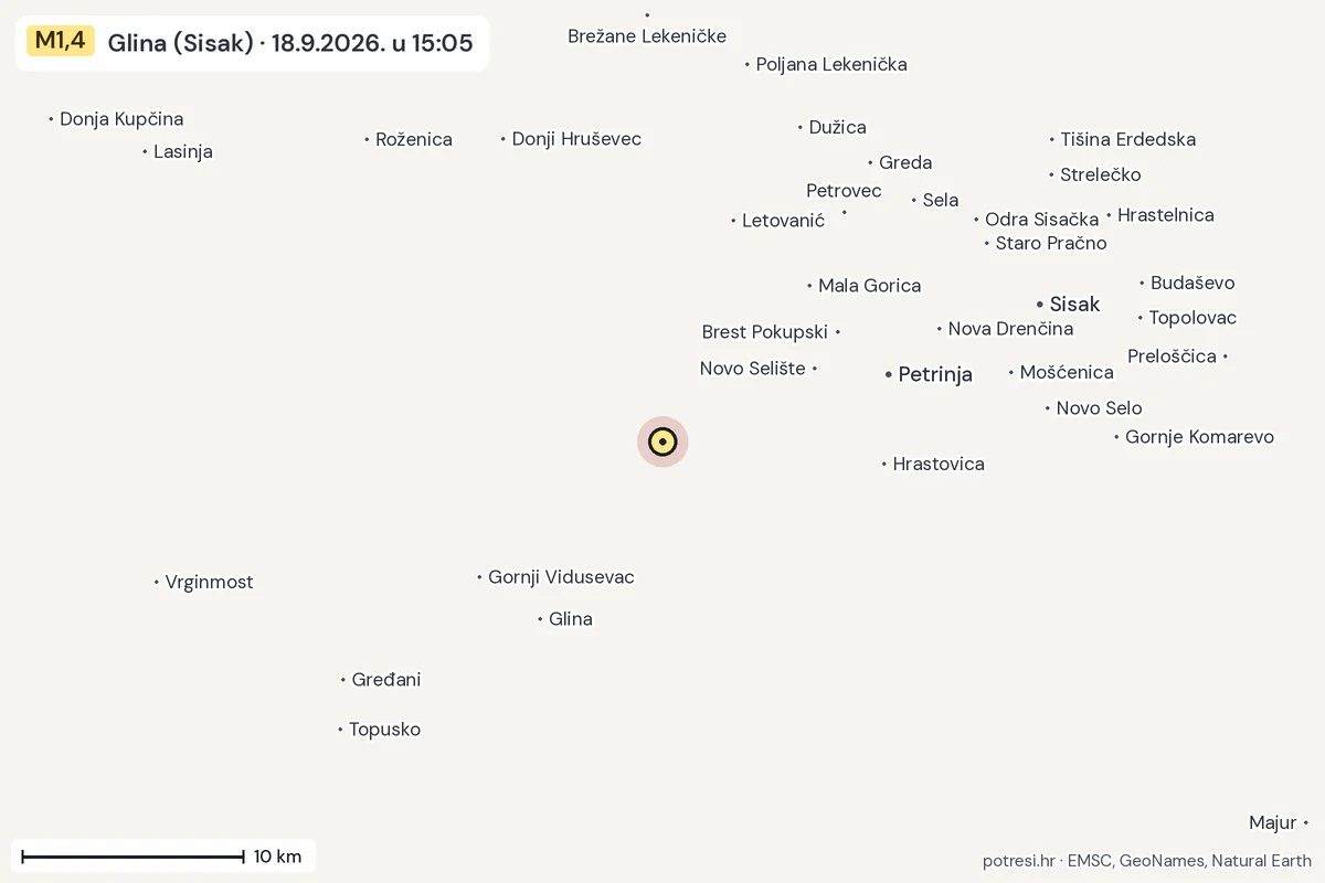 Karta: okolica epicentra, 60 km, potres M1,4, Glina (Sisak), 18.9.2026.