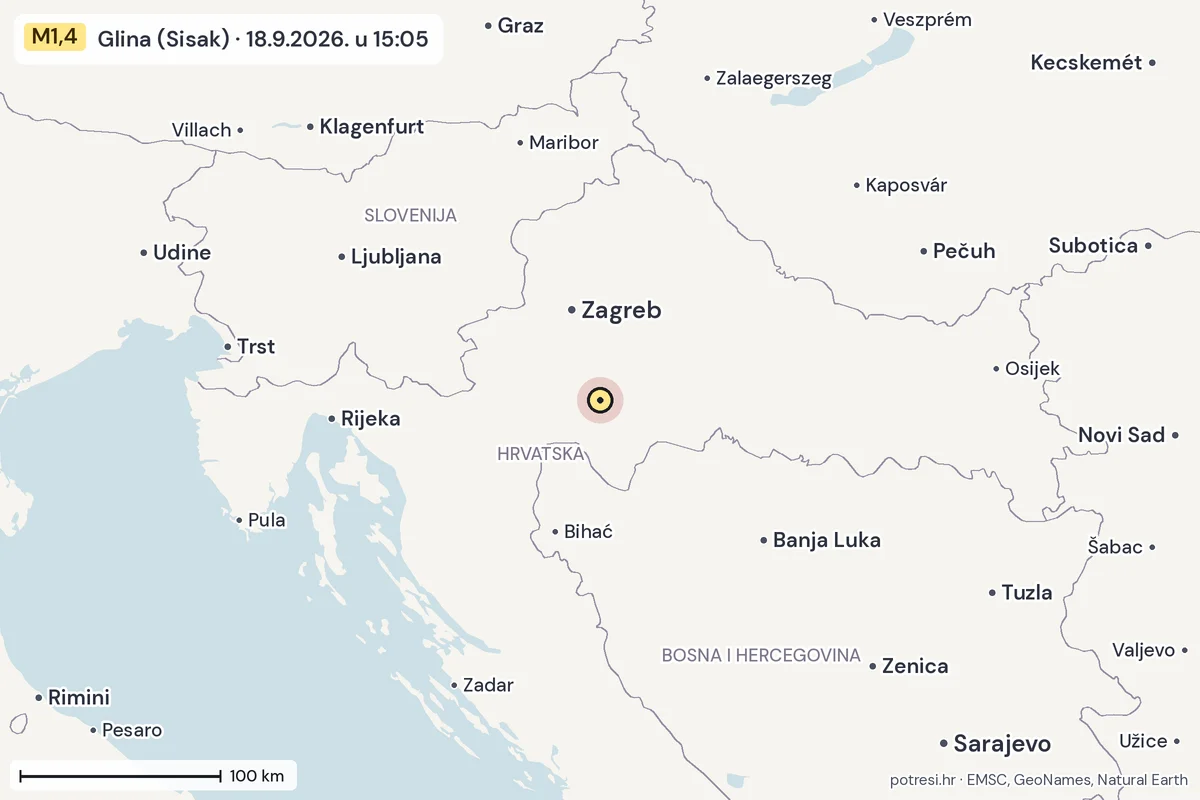 Karta: šire područje, 600 km, potres M1,4, Glina (Sisak), 18.9.2026.