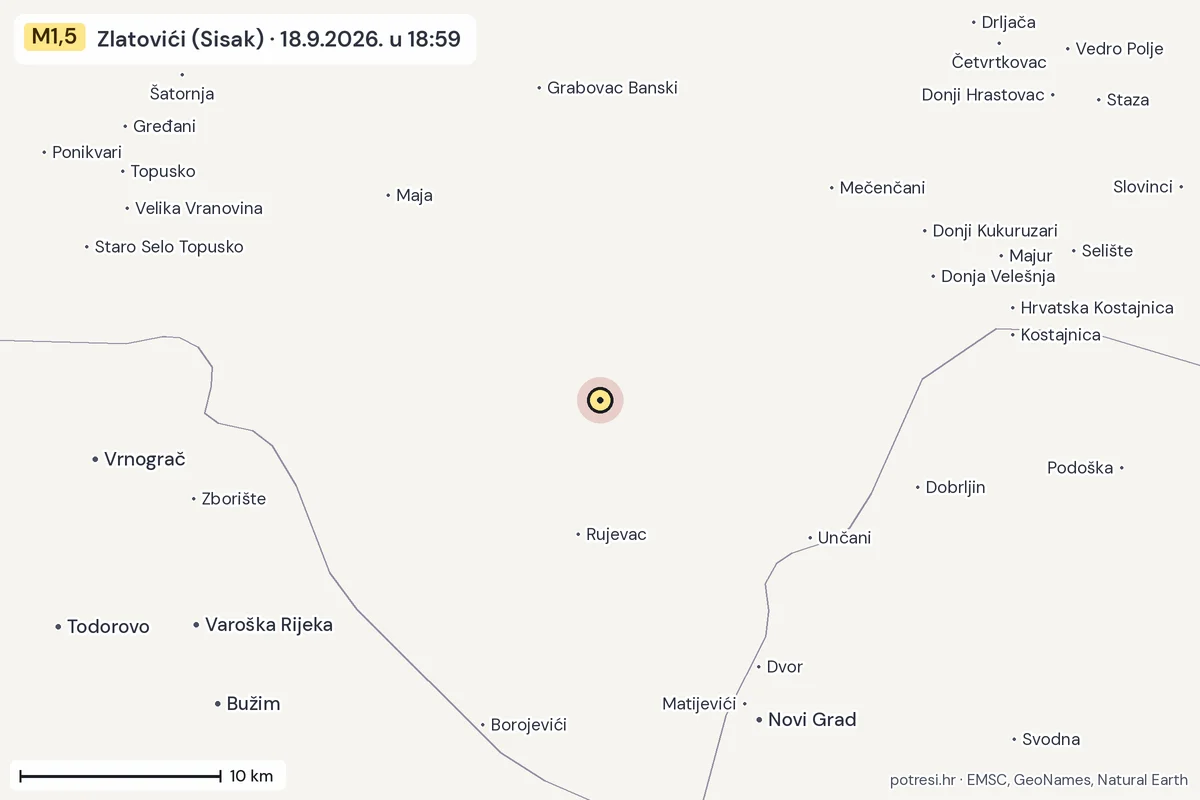 Karta: okolica epicentra, 60 km, potres M1,5, Zlatovići (Sisak), 18.9.2026.
