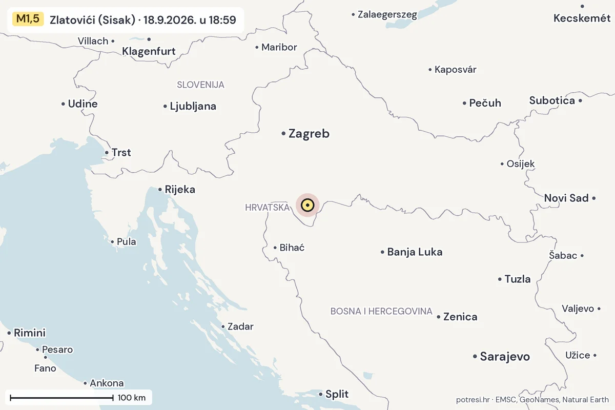Karta: šire područje, 600 km, potres M1,5, Zlatovići (Sisak), 18.9.2026.