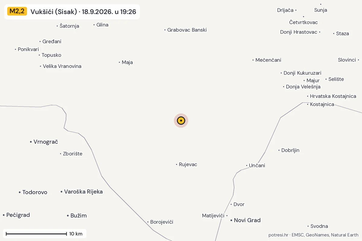 Karta: okolica epicentra, 60 km, potres M2,2, Vukšići (Sisak), 18.9.2026.