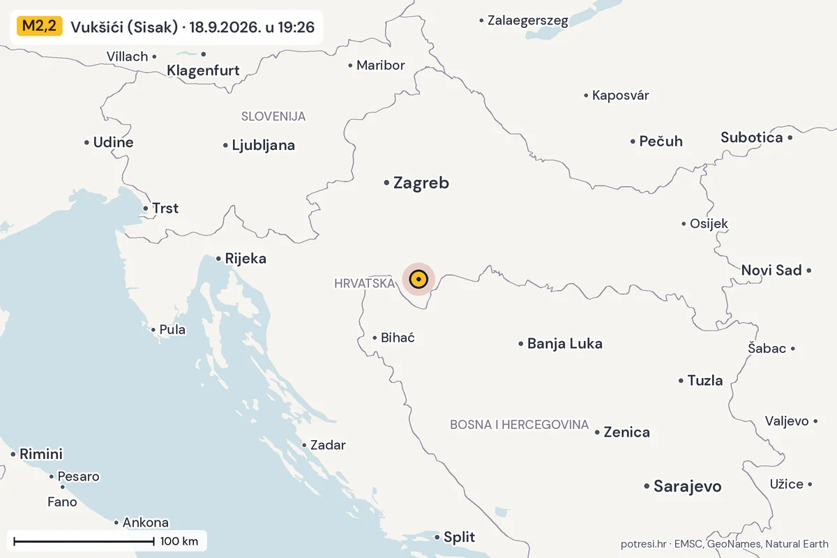Karta: šire područje, 600 km, potres M2,2, Vukšići (Sisak), 18.9.2026.