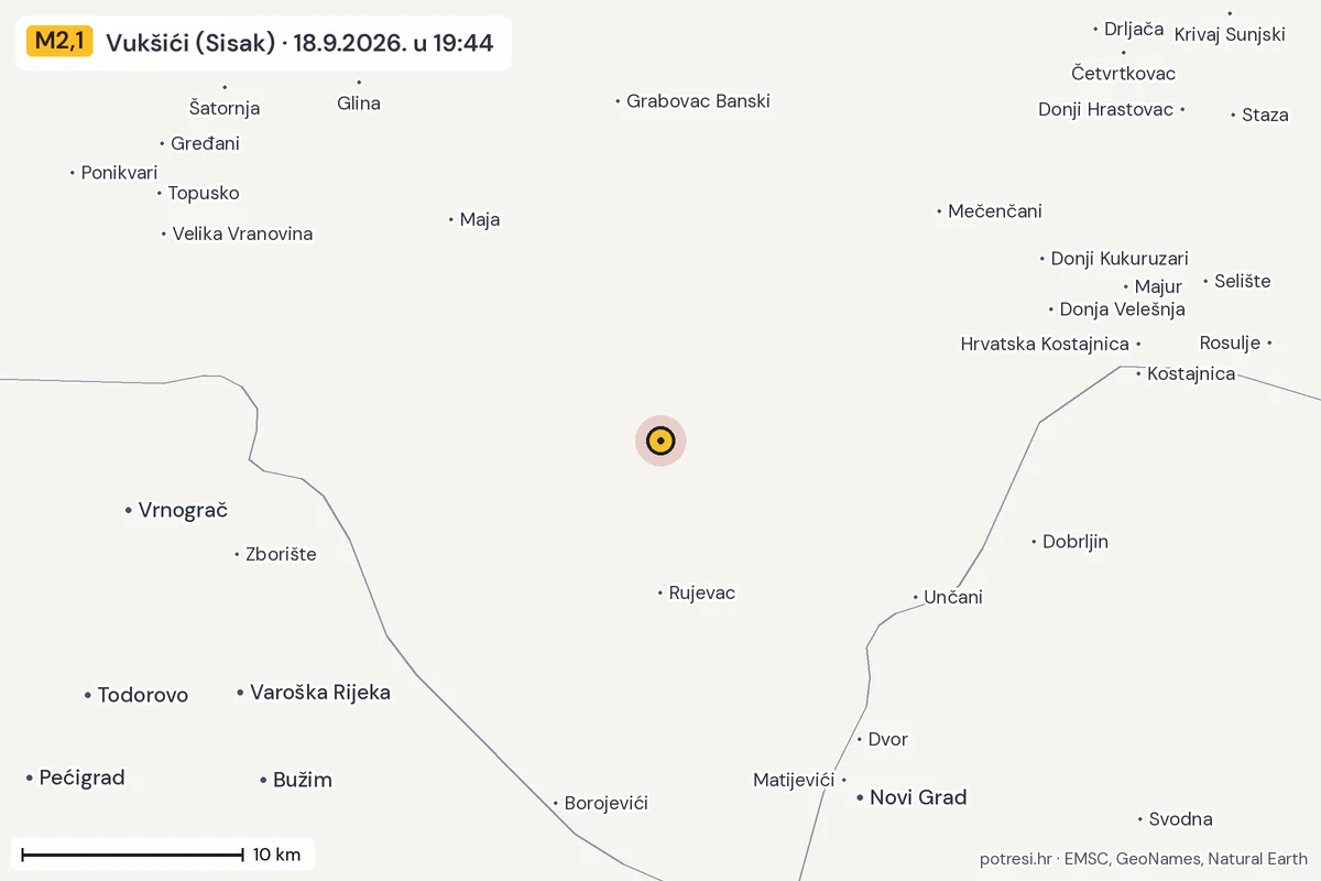 Karta: okolica epicentra, 60 km, potres M2,1, Vukšići (Sisak), 18.9.2026.