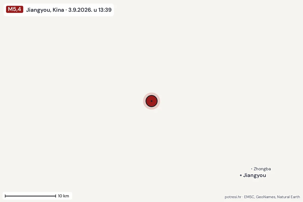 Karta: okolica epicentra, 60 km, potres M5,4, Jiangyou, Kina, 3.9.2026.