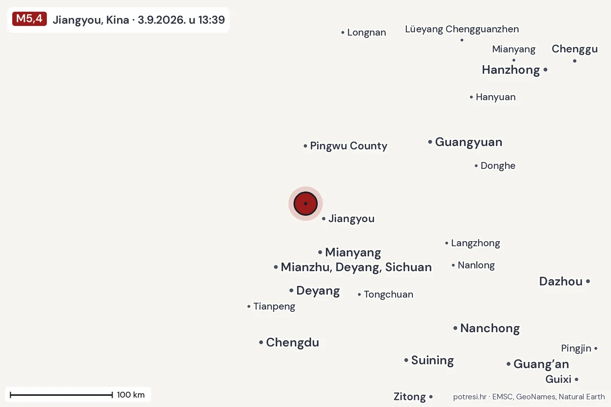 Karta: šire područje, 600 km, potres M5,4, Jiangyou, Kina, 3.9.2026.