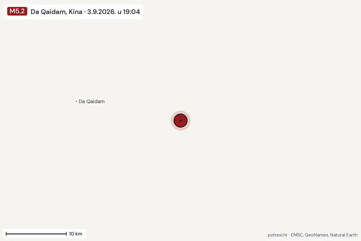 Karta: okolica epicentra, 60 km, potres M5,2, Da Qaidam, Kina, 3.9.2026.