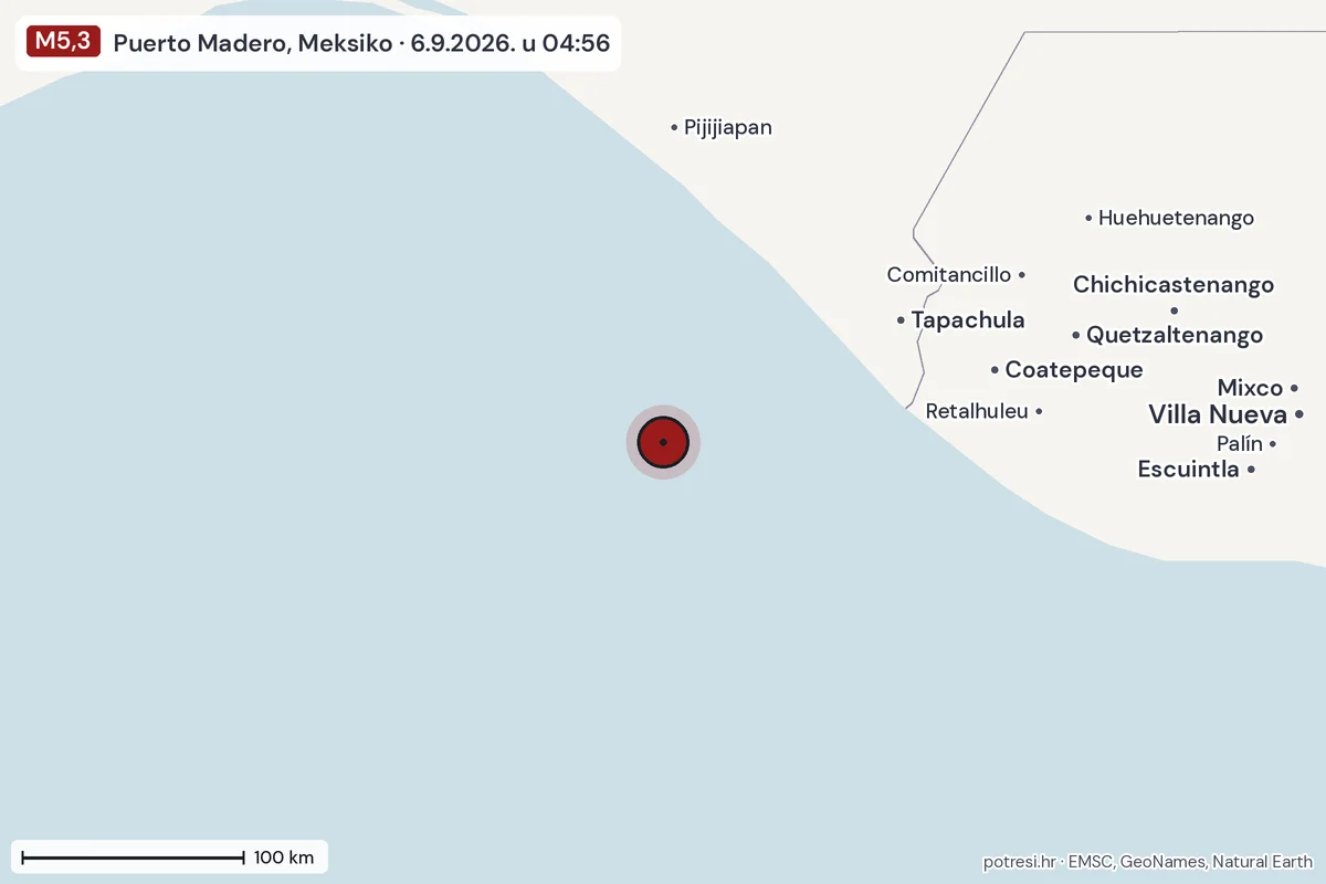 Karta: šire područje, 600 km, potres M5,3, Puerto Madero, Meksiko, 6.9.2026.