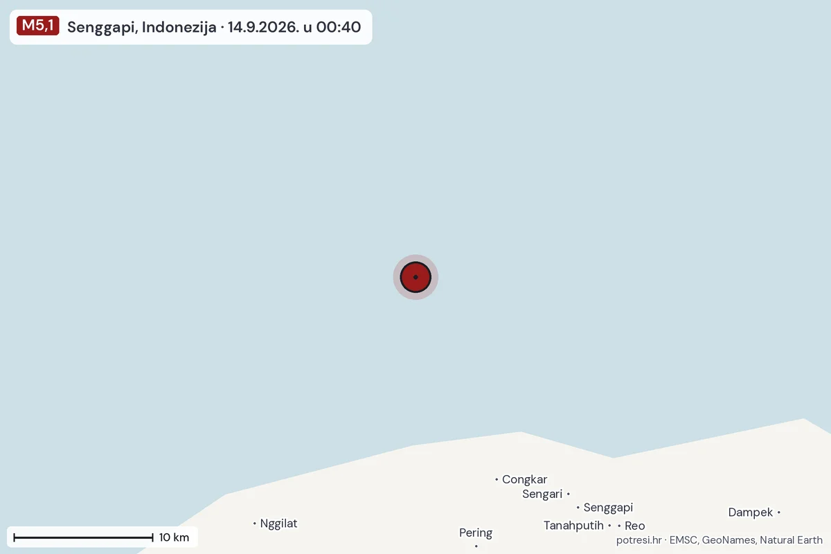 Karta: okolica epicentra, 60 km, potres M5,1, Senggapi, Indonezija, 14.9.2026.