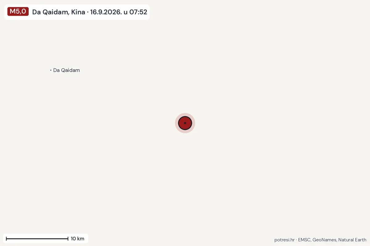 Karta: okolica epicentra, 60 km, potres M5,0, Da Qaidam, Kina, 16.9.2026.