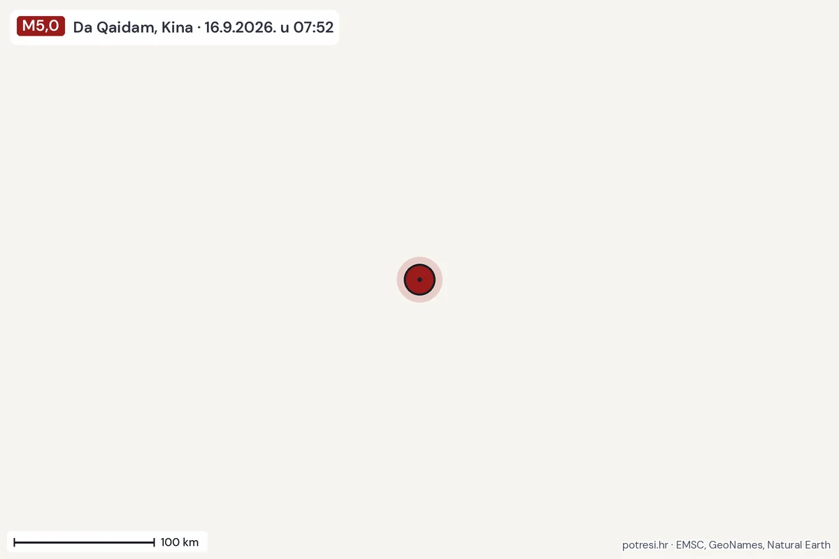 Karta: šire područje, 600 km, potres M5,0, Da Qaidam, Kina, 16.9.2026.
