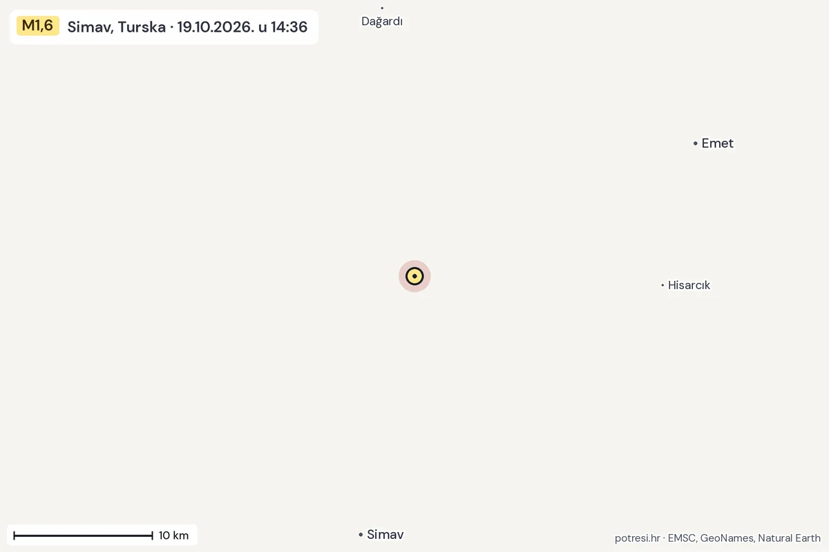 Karta: okolica epicentra, 60 km, potres M1,6, Simav, Turska, 19.10.2026.