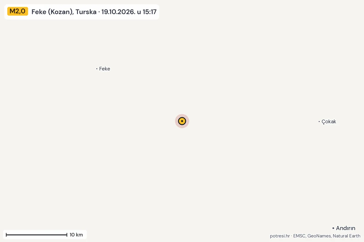 Karta: okolica epicentra, 60 km, potres M2,0, Feke (Kozan), Turska, 19.10.2026.