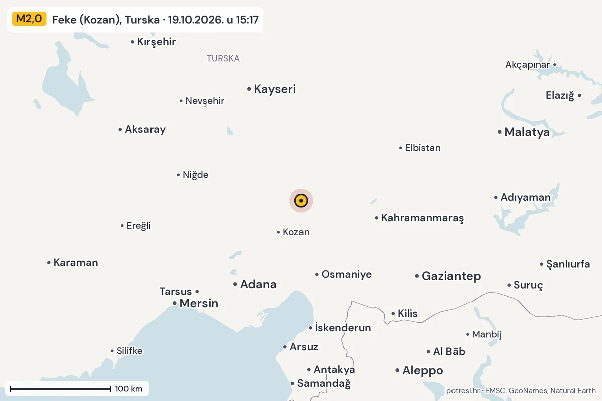 Karta: šire područje, 600 km, potres M2,0, Feke (Kozan), Turska, 19.10.2026.
