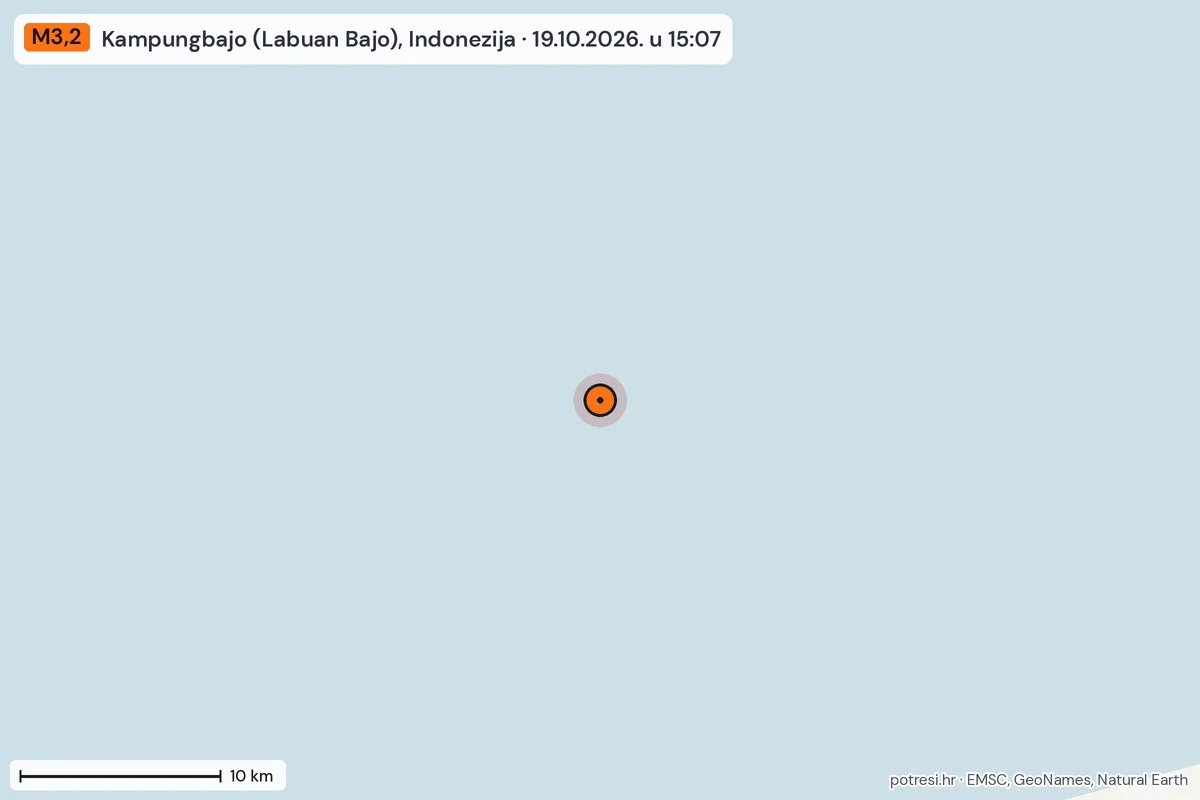 Karta: okolica epicentra, 60 km, potres M3,2, Kampungbajo (Labuan Bajo), Indonezija, 19.10.2026.