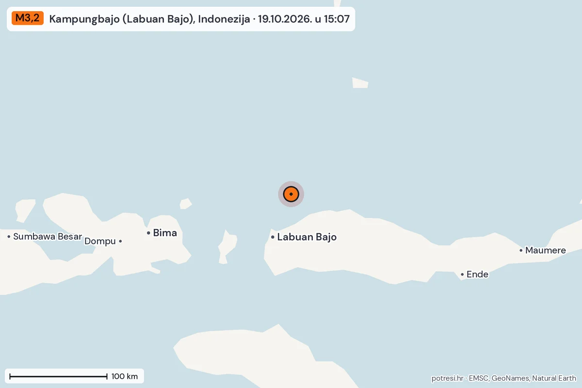 Karta: šire područje, 600 km, potres M3,2, Kampungbajo (Labuan Bajo), Indonezija, 19.10.2026.
