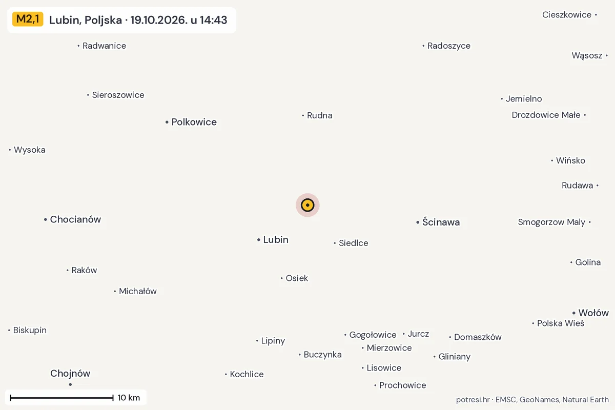 Karta: okolica epicentra, 60 km, potres M2,1, Lubin, Poljska, 19.10.2026.