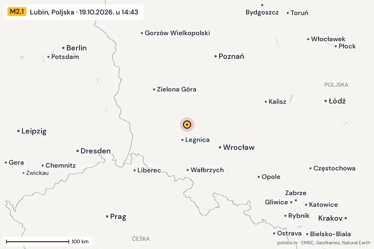 Karta: šire područje, 600 km, potres M2,1, Lubin, Poljska, 19.10.2026.