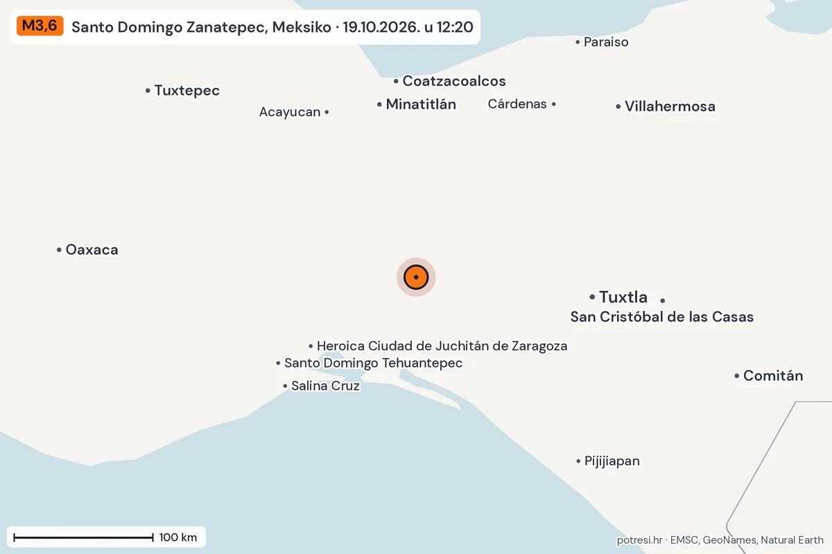 Karta: šire područje, 600 km, potres M3,6, Santo Domingo Zanatepec, Meksiko, 19.10.2026.