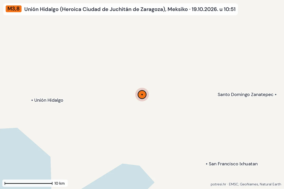 Karta: okolica epicentra, 60 km, potres M3,8, Unión Hidalgo (Heroica Ciudad de Juchitán de Zaragoza), Meksiko, 19.10.2026.