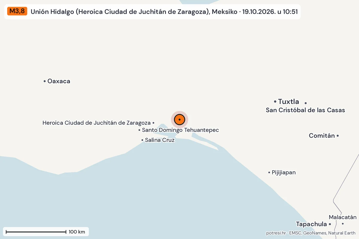 Karta: šire područje, 600 km, potres M3,8, Unión Hidalgo (Heroica Ciudad de Juchitán de Zaragoza), Meksiko, 19.10.2026.