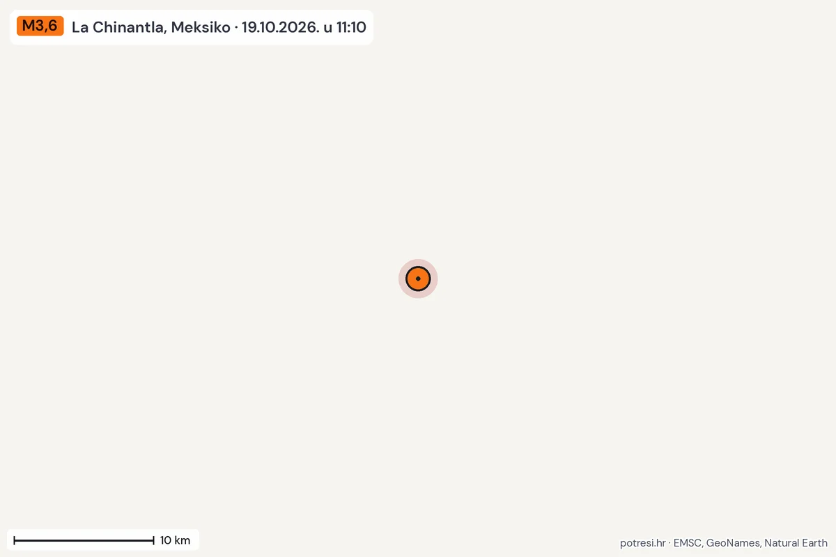 Karta: okolica epicentra, 60 km, potres M3,6, La Chinantla, Meksiko, 19.10.2026.