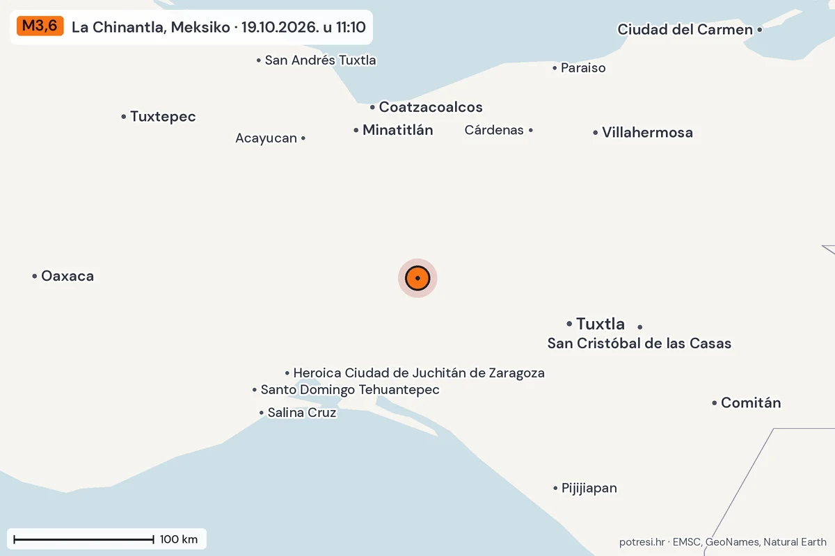 Karta: šire područje, 600 km, potres M3,6, La Chinantla, Meksiko, 19.10.2026.