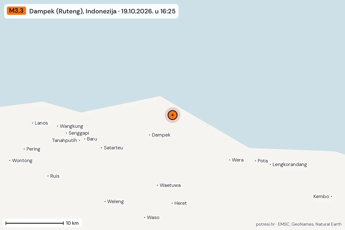 Karta: okolica epicentra, 60 km, potres M3,3, Dampek (Ruteng), Indonezija, 19.10.2026.