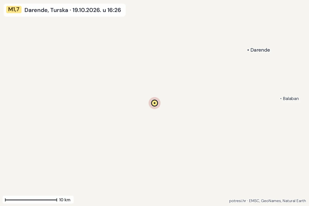 Karta: okolica epicentra, 60 km, potres M1,7, Darende, Turska, 19.10.2026.