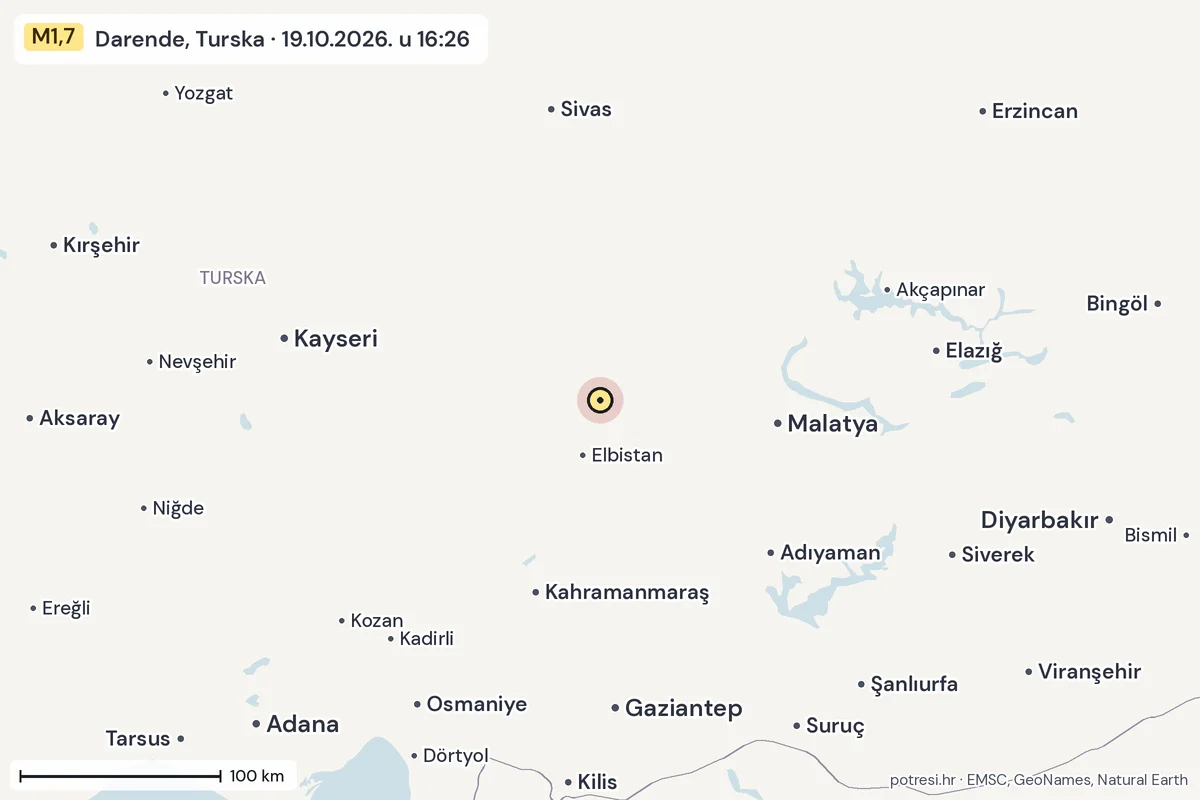 Karta: šire područje, 600 km, potres M1,7, Darende, Turska, 19.10.2026.