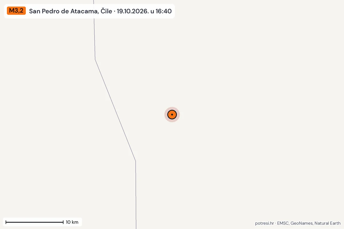 Karta: okolica epicentra, 60 km, potres M3,2, San Pedro de Atacama, Čile, 19.10.2026.